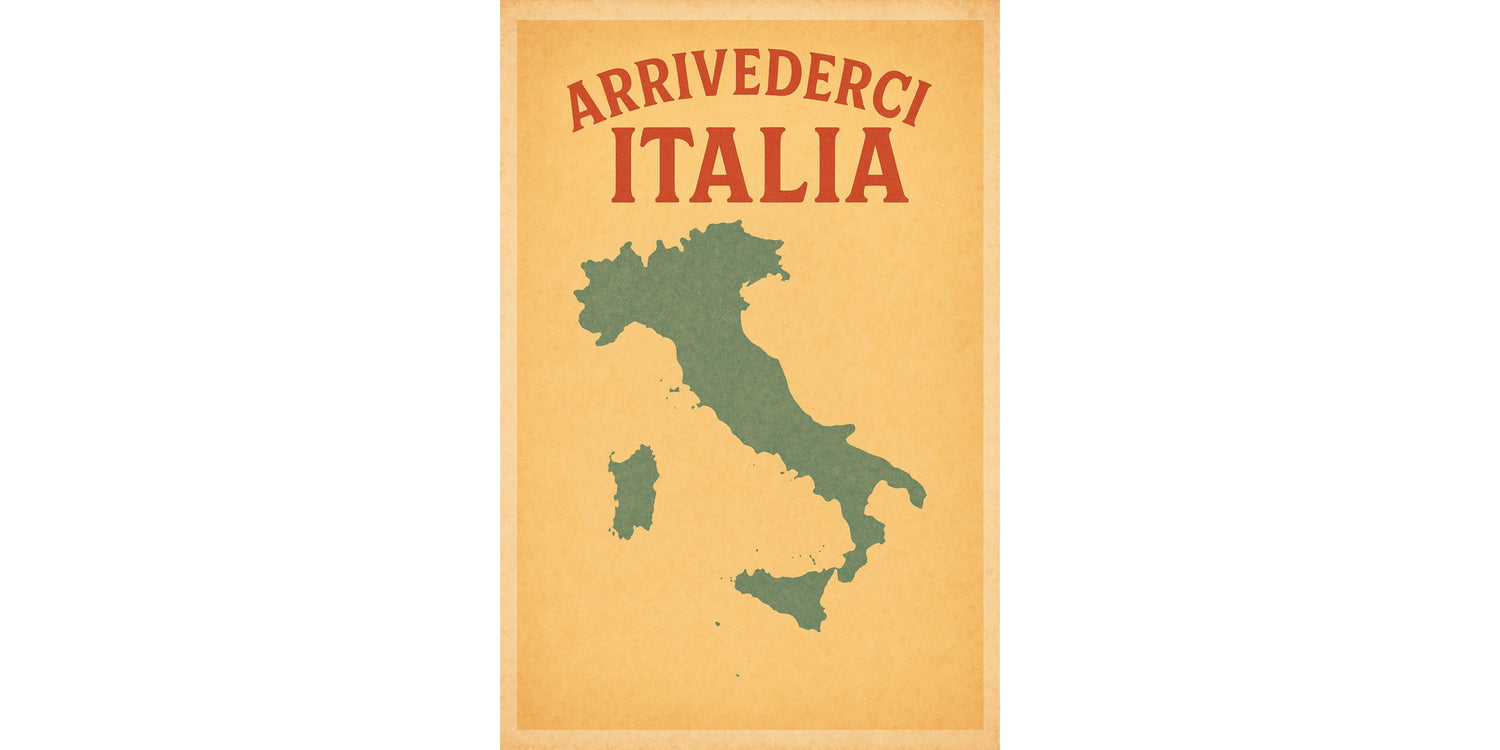 Mappa dell'Italia con la scritta "Arrivederci Italia"
