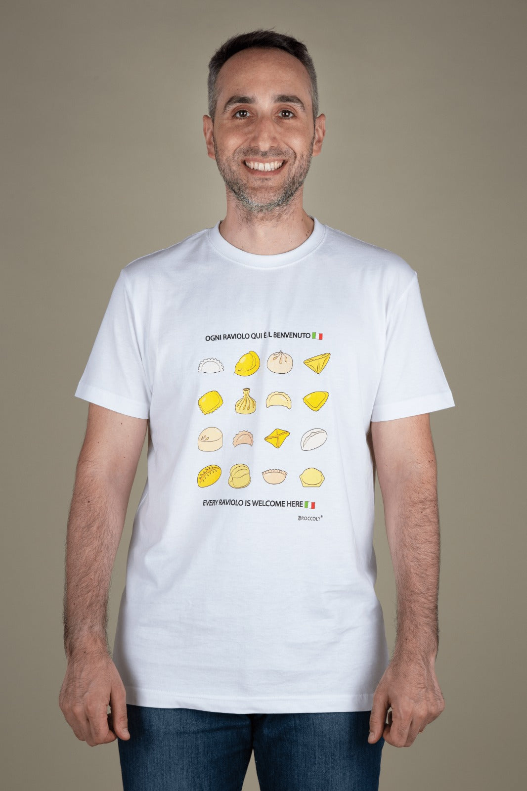 Regular fit unisex crew-neck t-shirt &quot;Every raviolo is welcome here&quot;